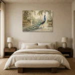 Garden Peacock Bird Wall Art Canvas Print showcased in an elegant minimalist interior