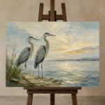Coastal Herons Bird Wall Art Canvas Print displayed on a studio easel