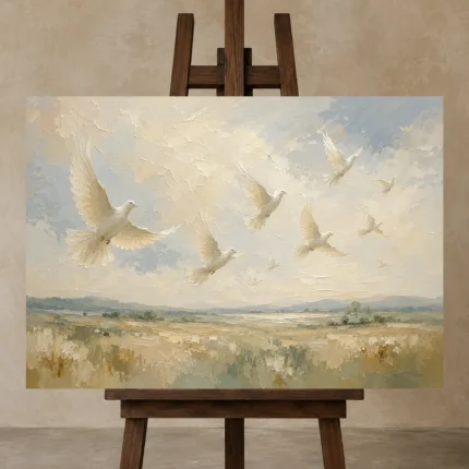 Flying White Doves Bird Wall Art Canvas Print shown in Studio Easel