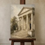 Neoclassical Portico Classical Architecture Wall Art Canvas Print displayed on a studio easel