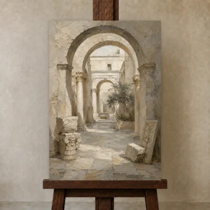 Ancient Arch Courtyard Classical Architecture Wall Art Canvas Print shown in Studio Easel