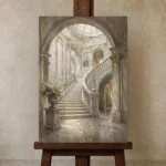 Grand Staircase Classical Architecture Wall Art Canvas Print displayed on a studio easel