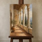 Tuscan Loggia Classical Architecture Wall Art Canvas Print displayed on a studio easel
