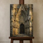 Gothic Cathedral Portal Classical Architecture Wall Art Canvas Print displayed on a studio easel