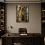 Gothic Cathedral Portal Classical Architecture Wall Art Canvas Print displayed in a contemporary gallery-inspired room