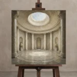 Oculus Rotunda Classical Architecture Wall Art Canvas Print displayed on a studio easel