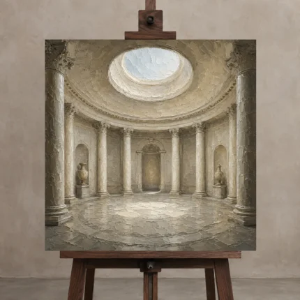 Oculus Rotunda Classical Architecture Wall Art Canvas Print displayed on a studio easel