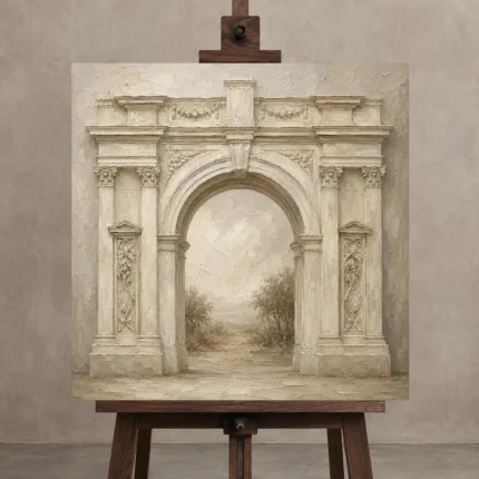 Ivory Archway Classical Architecture Wall Art Canvas Print displayed on a studio easel