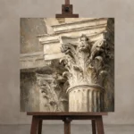 Corinthian Capital Classical Architecture Wall Art Canvas Print displayed on a studio easel