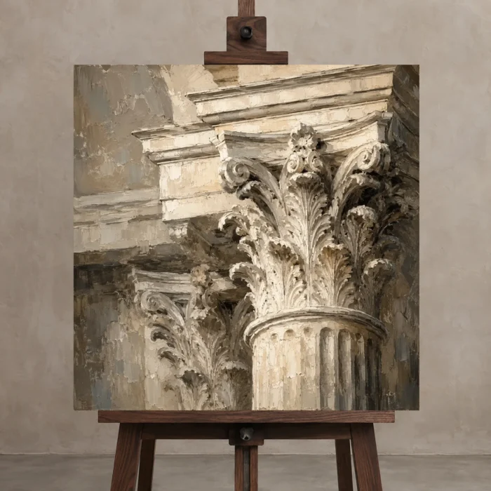 Corinthian Capital Classical Architecture Wall Art Canvas Print displayed on a studio easel