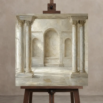 Ivory Colonnade Classical Architecture Wall Art Canvas Print displayed on a studio easel