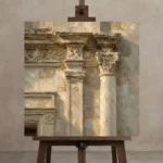Sunlit Facade Detail Classical Architecture Wall Art Canvas Print displayed on a studio easel