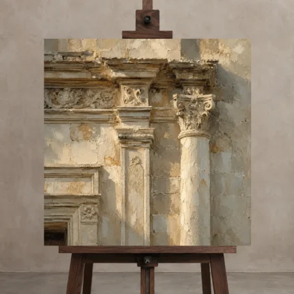 Sunlit Facade Detail Classical Architecture Wall Art Canvas Print displayed on a studio easel