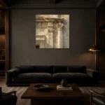 Sunlit Facade Detail Classical Architecture Wall Art Canvas Print shown in a warm modern interior