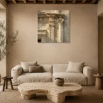 Sunlit Facade Detail Classical Architecture Wall Art Canvas Print presented in a sophisticated home setting