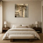 Sunlit Facade Detail Classical Architecture Wall Art Canvas Print showcased in an elegant minimalist interior