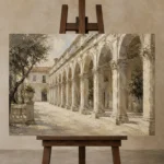 Renaissance Arcade Classical Architecture Wall Art Canvas Print displayed on a studio easel