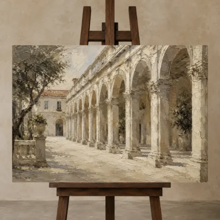 Renaissance Arcade Classical Architecture Wall Art Canvas Print displayed on a studio easel