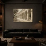 Renaissance Arcade Classical Architecture Wall Art Canvas Print shown in a warm modern interior
