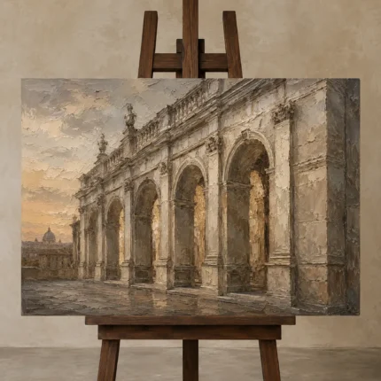 Roman Terrace Arcade Classical Architecture Wall Art Canvas Print displayed on a studio easel