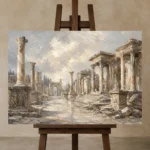 Ancient Roman Ruins Classical Architecture Wall Art Canvas Print displayed on a studio easel