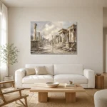 Ancient Roman Ruins Classical Architecture Wall Art Canvas Print styled in a refined neutral interior