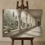 Cloister Garden Arcade Classical Architecture Wall Art Canvas Print displayed on a studio easel