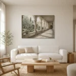 Cloister Garden Arcade Classical Architecture Wall Art Canvas Print styled in a refined neutral interior