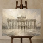Grand Palace Facade Classical Architecture Wall Art Canvas Print displayed on a studio easel