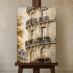 Haussmann Balcony Parisian Architecture Wall Art Canvas Print displayed on a studio easel