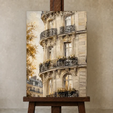 Haussmann Balcony Parisian Architecture Wall Art Canvas Print shown in Studio Easel