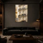 Haussmann Balcony Parisian Architecture Wall Art Canvas Print shown in a warm modern interior