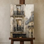 Shuttered Balcony Parisian Architecture Wall Art Canvas Print displayed on a studio easel