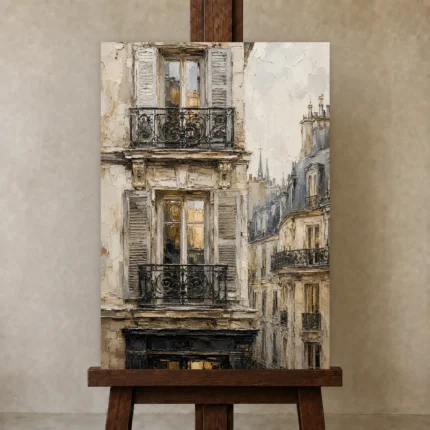 Shuttered Balcony Parisian Architecture Wall Art Canvas Print shown in Studio Easel