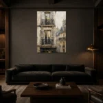 Shuttered Balcony Parisian Architecture Wall Art Canvas Print shown in a warm modern interior