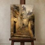 Montmartre Stairway Parisian Architecture Wall Art Canvas Print displayed on a studio easel