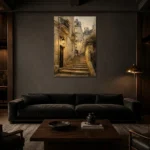 Montmartre Stairway Parisian Architecture Wall Art Canvas Print shown in a warm modern interior