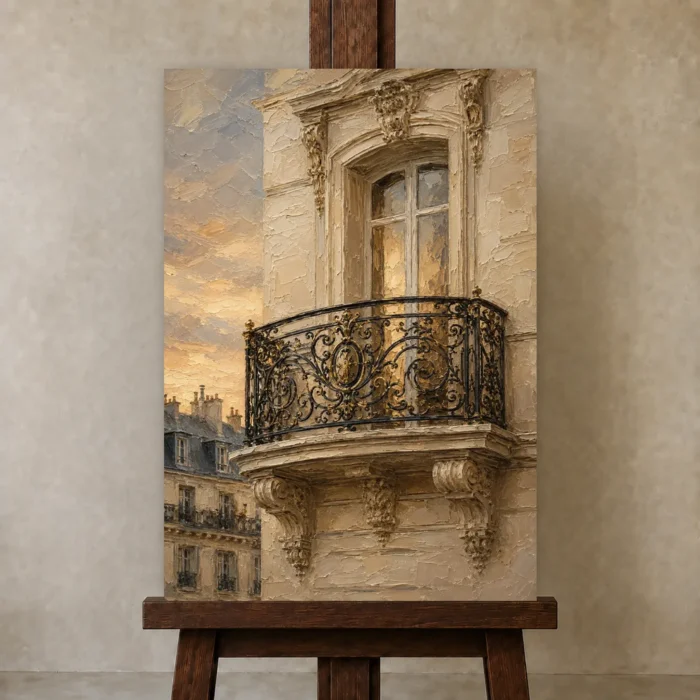 Gilded Balcony Parisian Architecture Wall Art Canvas Print displayed on a studio easel