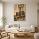 Gilded Balcony Parisian Architecture Wall Art Canvas Print styled in a refined neutral interior