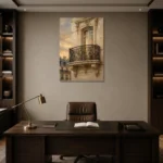 Gilded Balcony Parisian Architecture Wall Art Canvas Print displayed in a contemporary gallery-inspired room