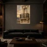 Gilded Balcony Parisian Architecture Wall Art Canvas Print shown in a warm modern interior