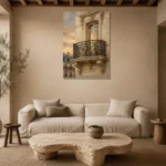 Gilded Balcony Parisian Architecture Wall Art Canvas Print presented in a sophisticated home setting