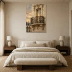 Gilded Balcony Parisian Architecture Wall Art Canvas Print showcased in an elegant minimalist interior