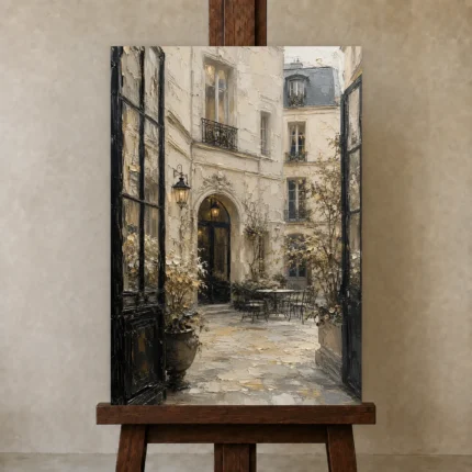 Paris Courtyard Parisian Architecture Wall Art Canvas Print shown in Studio Easel