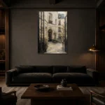 Paris Courtyard Parisian Architecture Wall Art Canvas Print shown in a warm modern interior
