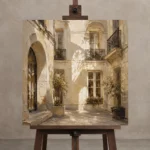 Sunlit Courtyard Parisian Architecture Wall Art Canvas Print displayed on a studio easel