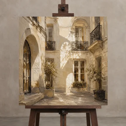 Sunlit Courtyard Parisian Architecture Wall Art Canvas Print displayed on a studio easel