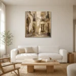 Sunlit Courtyard Parisian Architecture Wall Art Canvas Print styled in a refined neutral interior