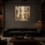 Sunlit Courtyard Parisian Architecture Wall Art Canvas Print shown in a warm modern interior