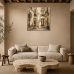 Sunlit Courtyard Parisian Architecture Wall Art Canvas Print presented in a sophisticated home setting